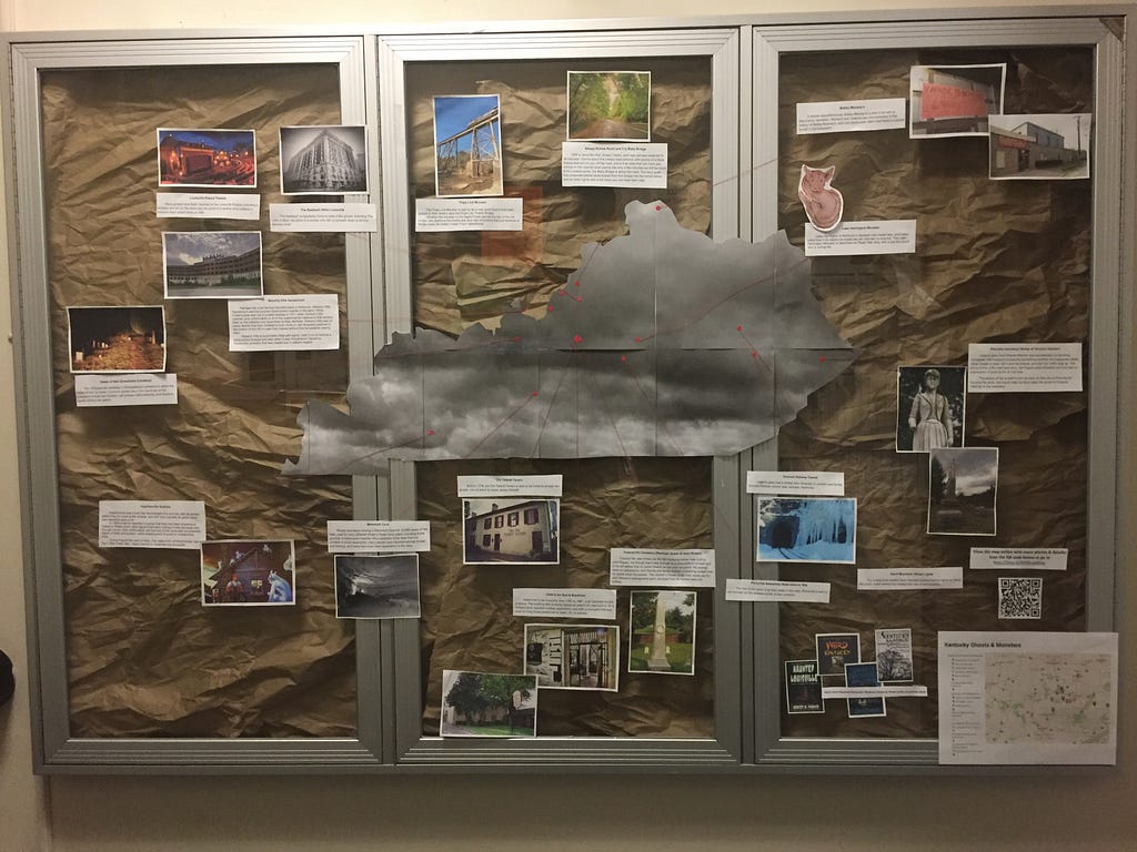 A bulletin board with the state cut out of an ominous black and white cloudscape. Images and text point to places on the map.