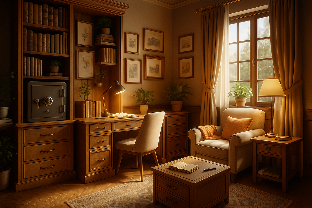 Warm-toned study with a desk, safe, and armchair by a window; an open notebook and pen rest on a wooden table.