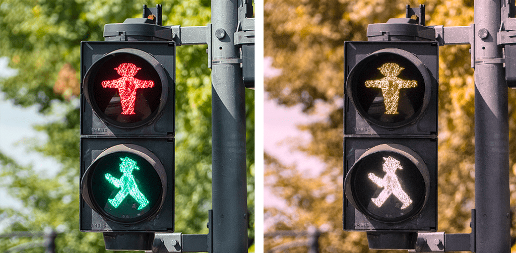 Image of how a traffic light observed by a normal person and then by a visually impaired person