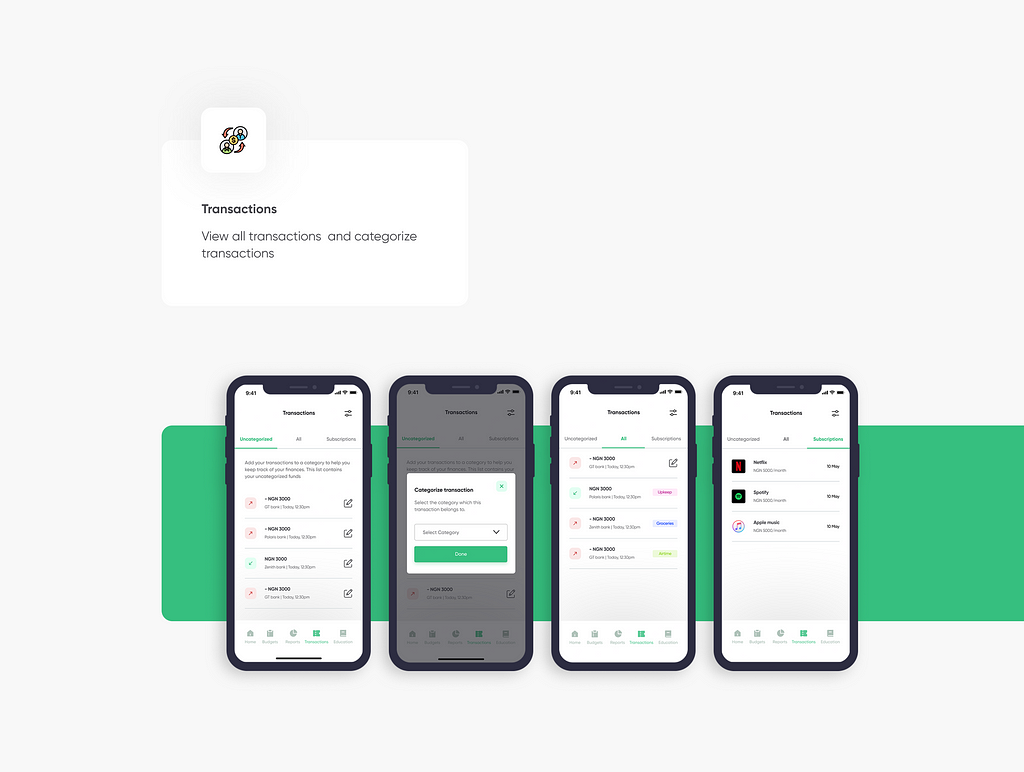 Transaction screens on the accountable app