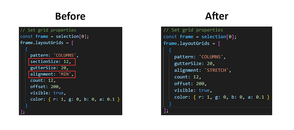 Before and After screens of code