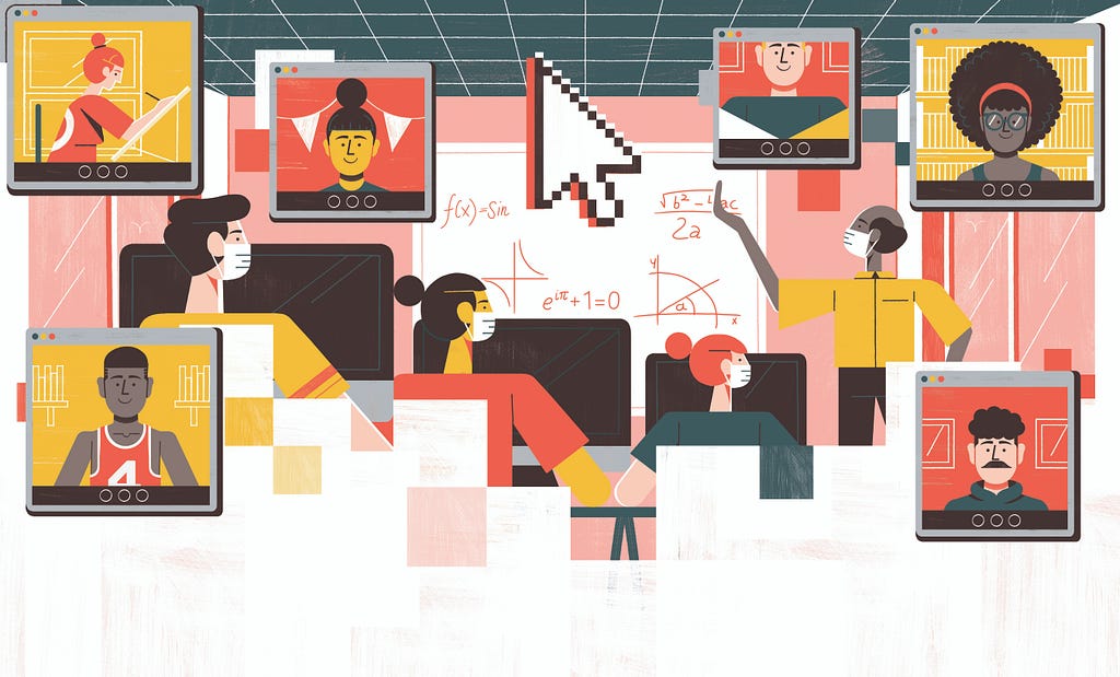 Illustration of a video call showing an in-person class and the pictures of other students on the call.