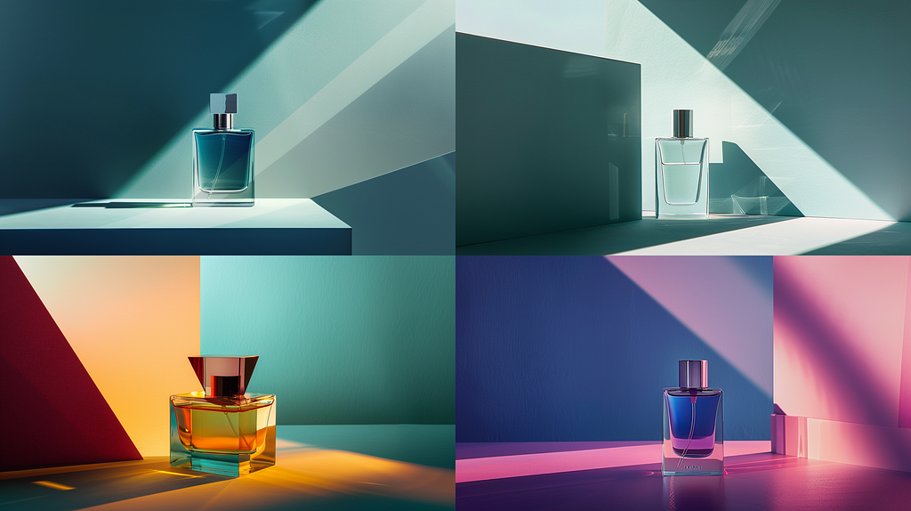 Commercial photography, a perfume bottle, split lighiting, geometric composition, minimal plane, top advertising