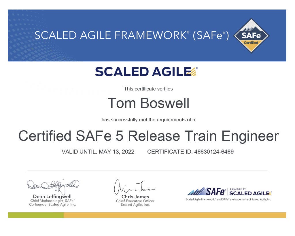 Tom Boswell’s Certified Release Train Engineer certificate