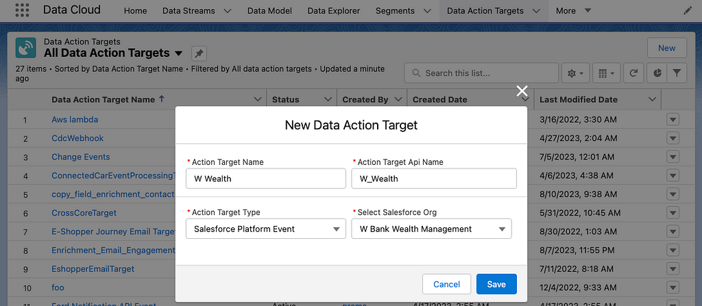 New Data Action Target screen in Salesforce