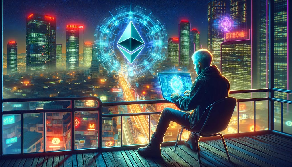 person sitting on the balcony with a laptop trying to recover the crypto wallet. City in the background