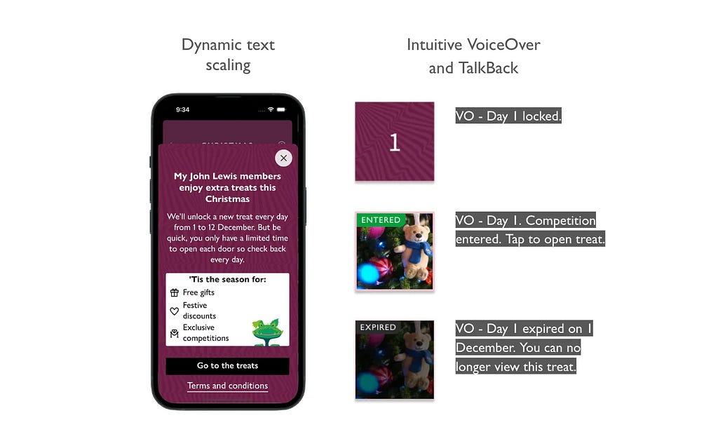 Example of dynamic text scaling and VoiceOver and Talkback used.