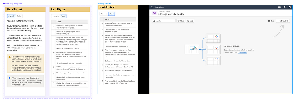 The left depicts a Figma component with a usability test panel that allows users to swap between Task and Scenario. The right shows this panel in a frame with the testing prototype UI.