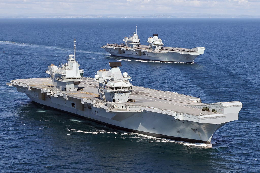HMS Queen Elizabeth and HMS Prince of Wales pictured at sea, for the first time
