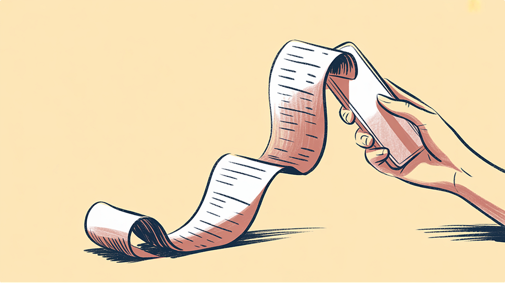 Illustration of a hand holding a smartphone, with a long paper receipt unspooling from the device and curling across a flat surface. The receipt is densely covered in horizontal lines suggesting fine print.
