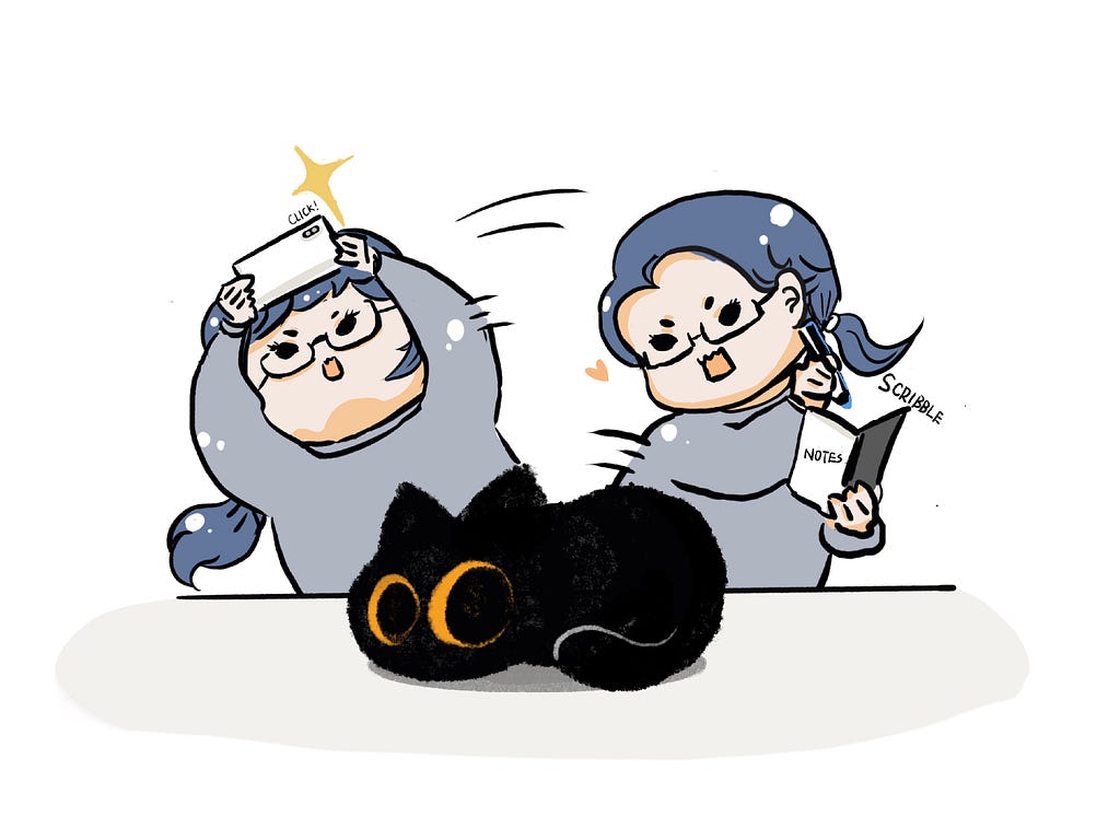 The illustration shows the same person with glasses and tied-back hair in two instances, quickly multitasking to document observations of a black cat with large orange eyes. In one instance, the person is taking a picture with a camera, and in the other, they are scribbling notes in a notebook labeled “NOTES.” The scene emphasizes the busy and detailed nature of thorough documentation.