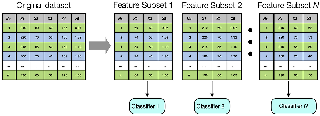 A schematic representation of how random subspace ensembles work.