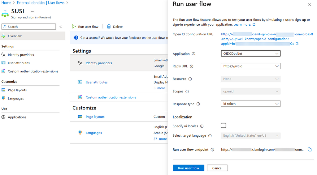 Image of CIAM user flow with “Run user flow” button