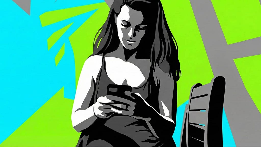 An illustration of a woman looking at the phone. AI-Generated image