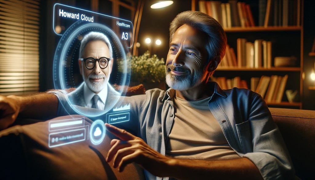 An older man with a grey beard relaxing on a couch in the evening, looking at a holographic display of Howard Cloud, an AI healthcare agent. This image depicts a fictitious scene set in the future, generated using OpenAI’s DALL-E.