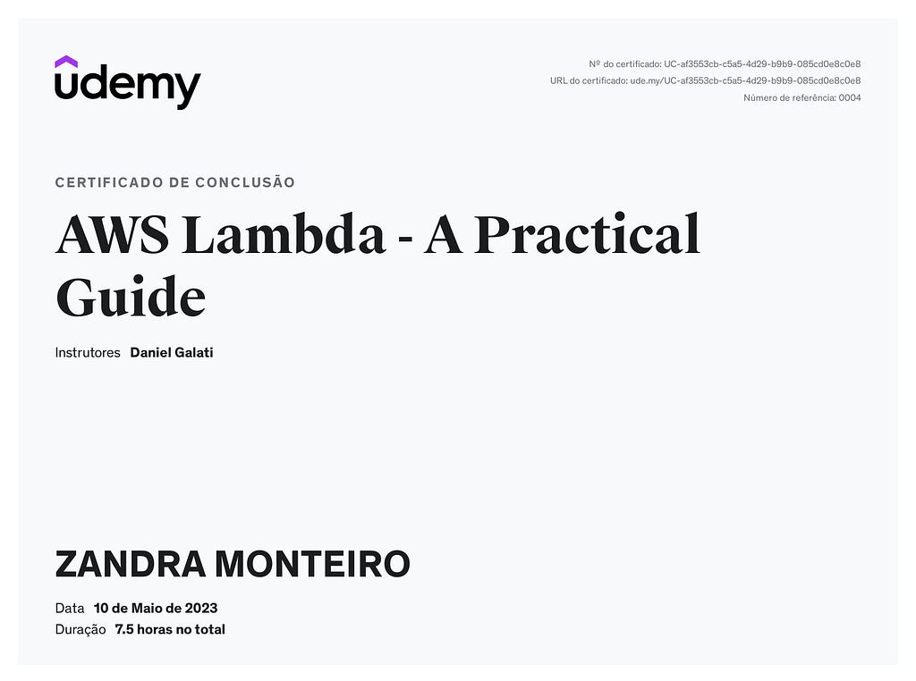 A certificate shows AWS Lambda — A Practical Guide, by Daniel Galati