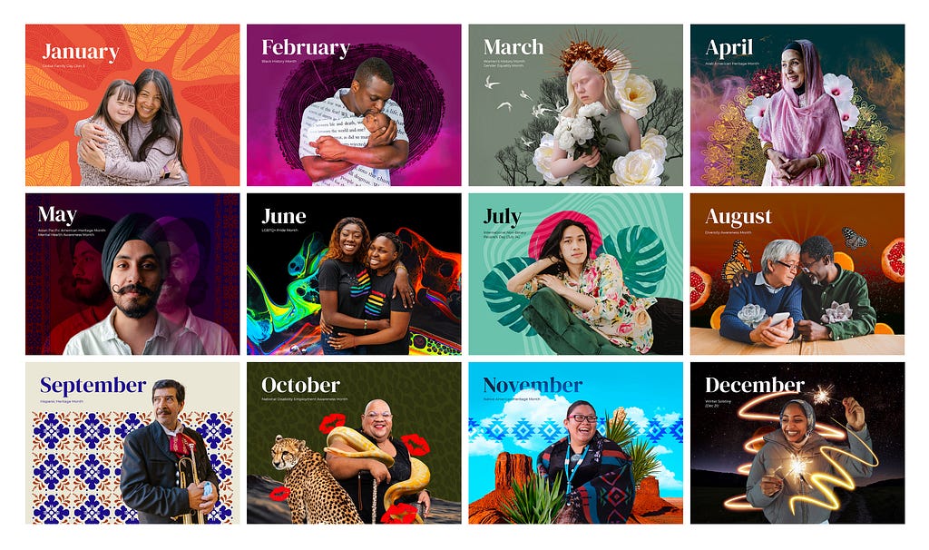 A collection of all 12 month’s images of Brevity & Wit’s 2022 Diversity Calendar. Vibrant backgrounds highlight people of diverse identities