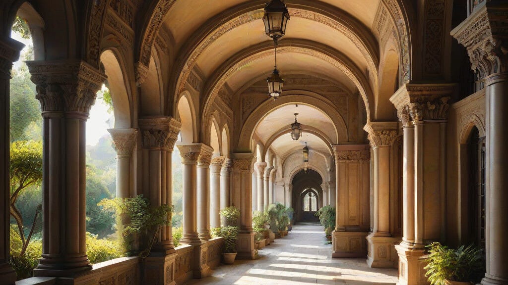 Garden Lit Medium Publication Guidelines. Come write with up! A long hallway lined with thick pillars. Open to one side, there is a lush garden just outside, and plants line the walls. The hallway leads to a large door at the end.