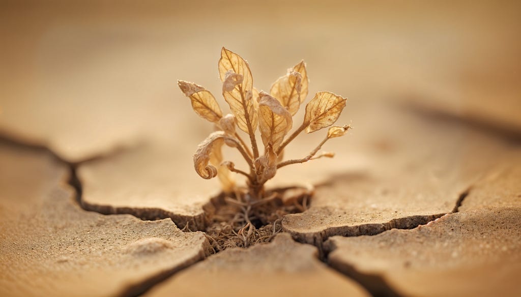 “A withered plant pushing through cracked, dry earth — fragile but rooted.”