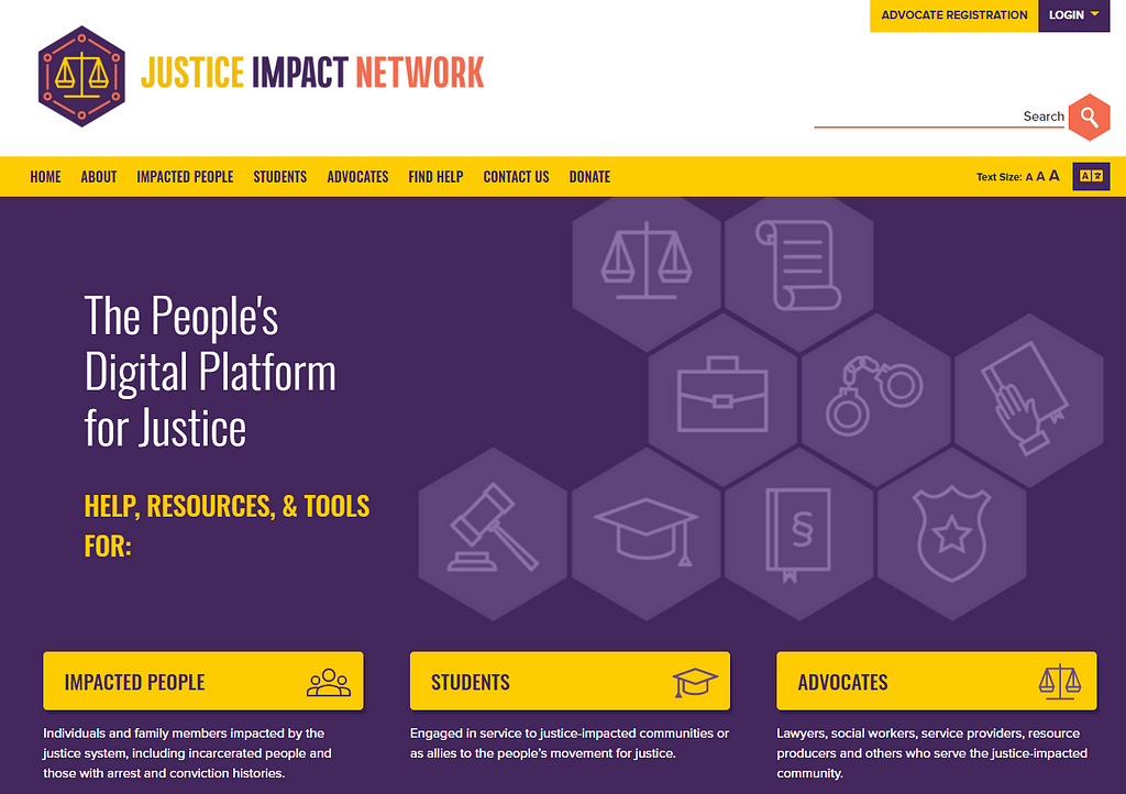 A screenshot of the homepage of JusticeImpactNetwork.org. There is a purple background, a yellow menu bar, text that describes the site, a logo, and three user pathways.