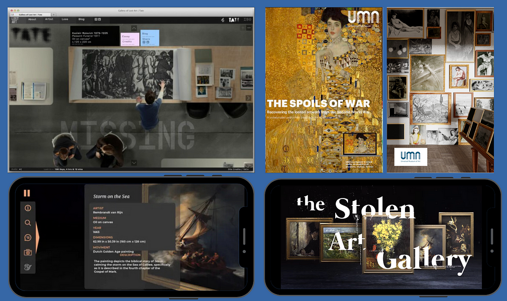 Quatre images : la première en haut à gauche montre une copie d’acrn de site web projet de Tate Gallery avec le mot missing, le deuxième montre l’affiche d’un tableau de Klimt montrant une femme et une mise en scène de tableaux volés disposés sur les murs d’une pièce en se chevauchant, la troisième montre les cinq tableaux volés de l’application The Stolen Art.