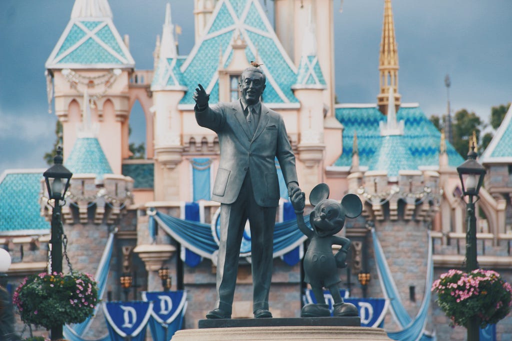 Walt Disney and Mickey Mouse statue in front of the castle at Disneyland