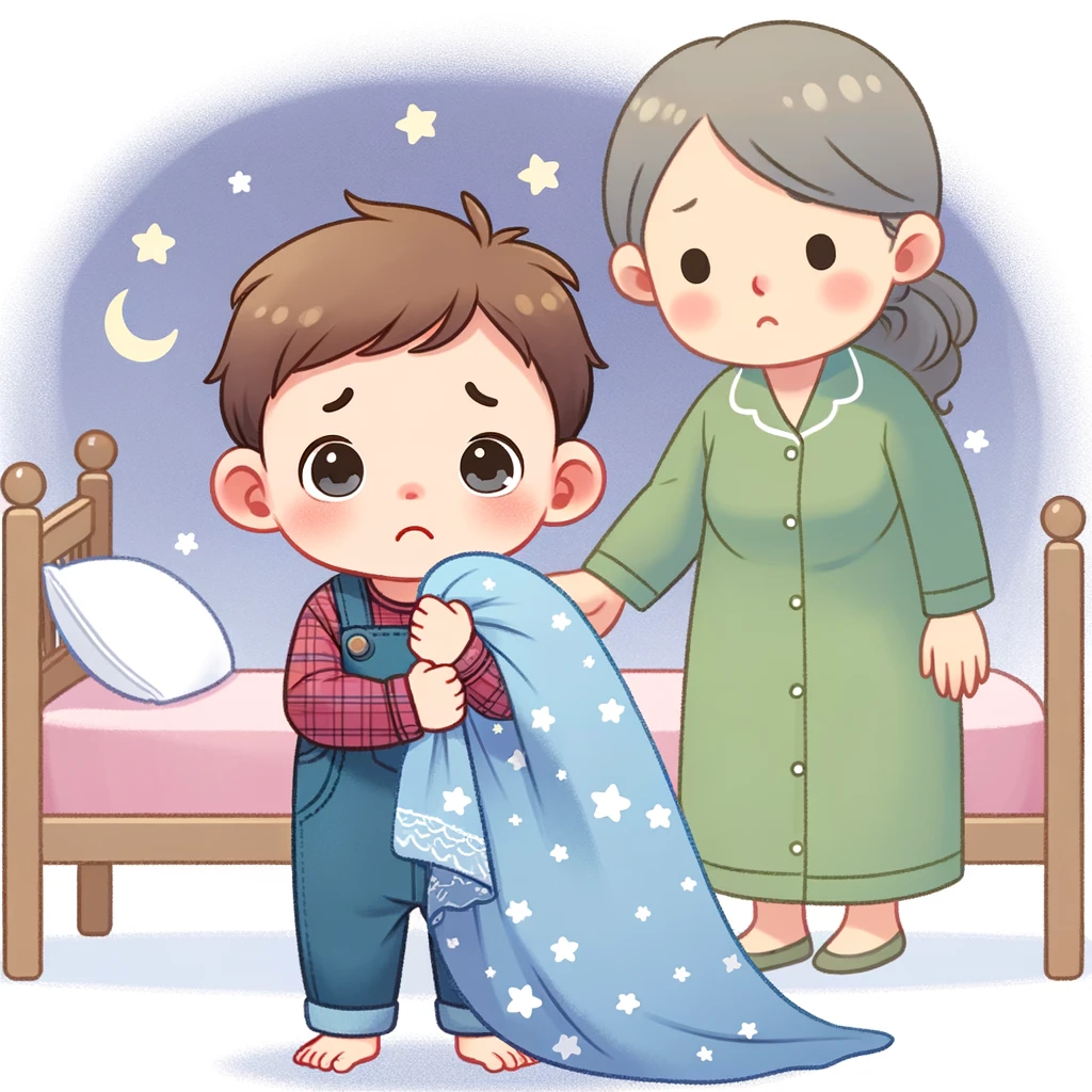 Illustration of a tentative toddler with a blanket, comforted by a mother’s reassuring presence near the new bed