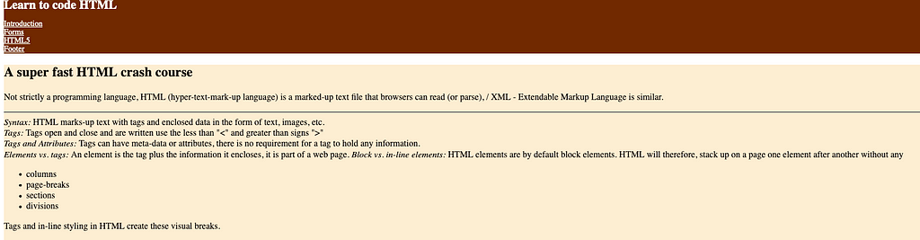 A screenshot of the HTML super-fast crash course pen
