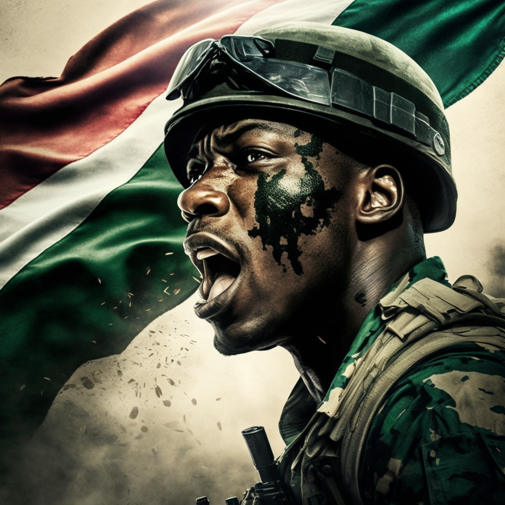 A picture of a Nigerian soldier with Nigerian flag waving at the background. He has blood splash on his cheek and he is making a shout of victory having get across the enemy line.