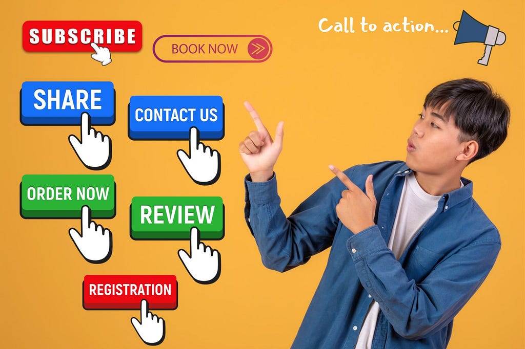 A guy pointing at various call-to-action buttons.