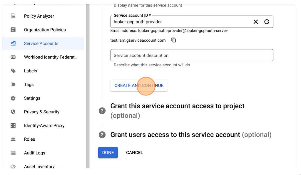 Create and Continue with Service Account