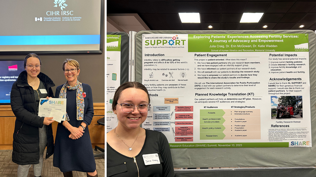 A collection of 2 photos of attendees at the SHARE Summit 2023. The photo on the left shows a staff member of NL SUPPORT standing next to a graduate student holding a certificate. The photo on the right shows a graduate student standing on the left side of thier poster.