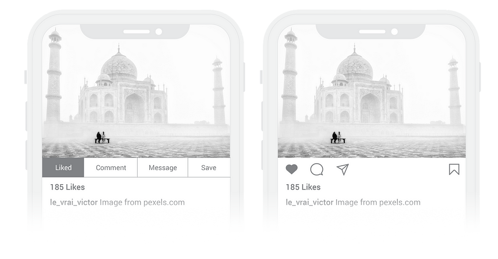 Two mobile phones showing screens of Instagram’s layout. One with text as buttons, the other with icons as buttons