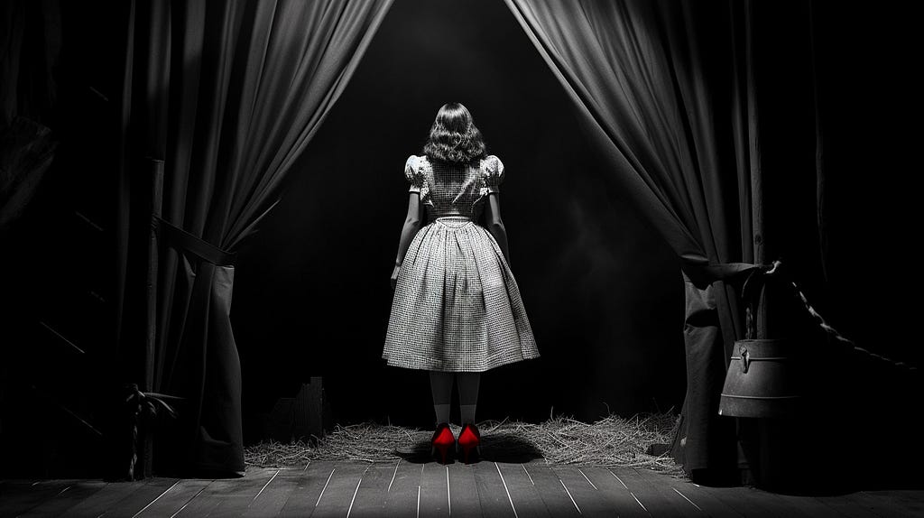 Black-and-white image of Dorothy from the Wizard of Oz looking into the dark beyond parted curtains. Only her shoes are red.