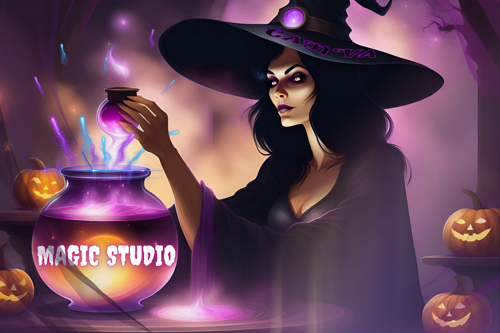 A powerful witch with raven hair and snake-golden eyes named Canva concocts a potent potion called Magic Studio.