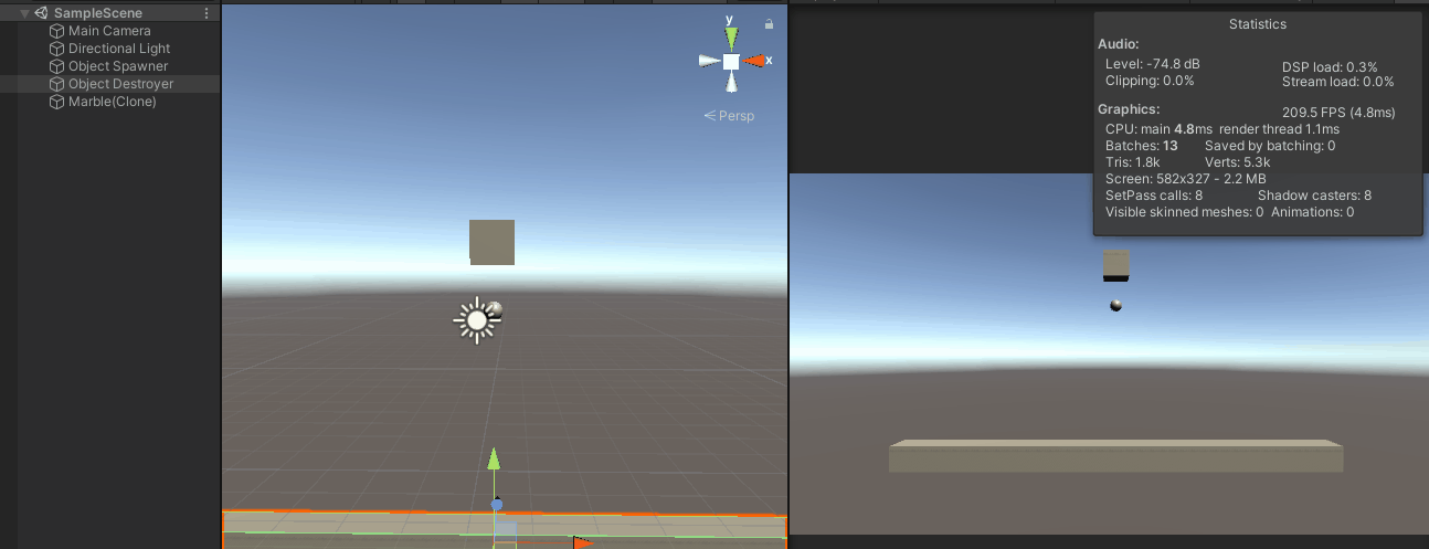 A square its destroying marbles in a unity 3d scene if they touch it