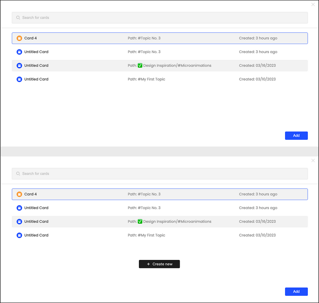 A representative picture showing how a Create New card option within this modal will help