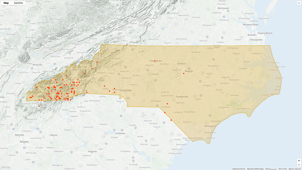 Map view of North Carolina indicating reported armadillo sightings across the state. There are clearly more sightings in Western NC (about 70 data points) than in the plains (about 15 data points) or coastal zone (no data points).