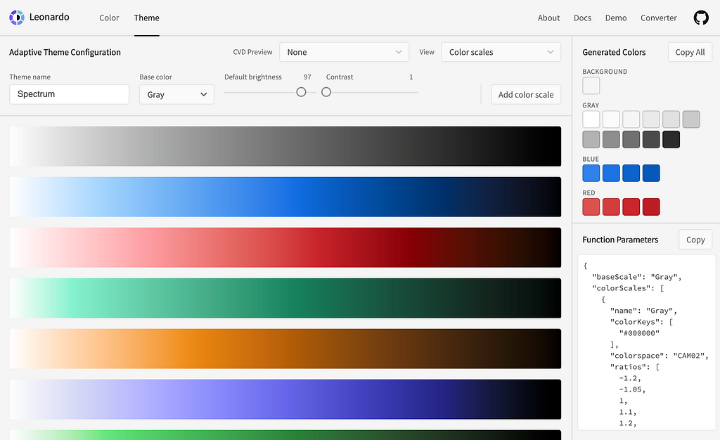 Browser window showing theme in Leonardo as stacked gradients of color