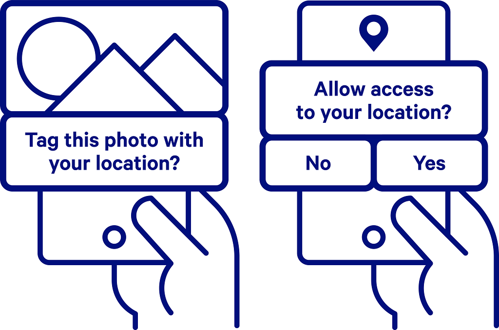 A prompt asking to access the location of a device to tag a photograph.