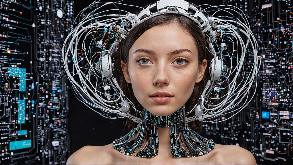 A woman with brown hair pulled back from her face stares directly at the viewer. Her head and neck are partially covered in a complex apparatus of white wires and blue circuitry, suggesting a fusion of technology and biology. The background is a dark wall covered in intricate circuitry patterns.