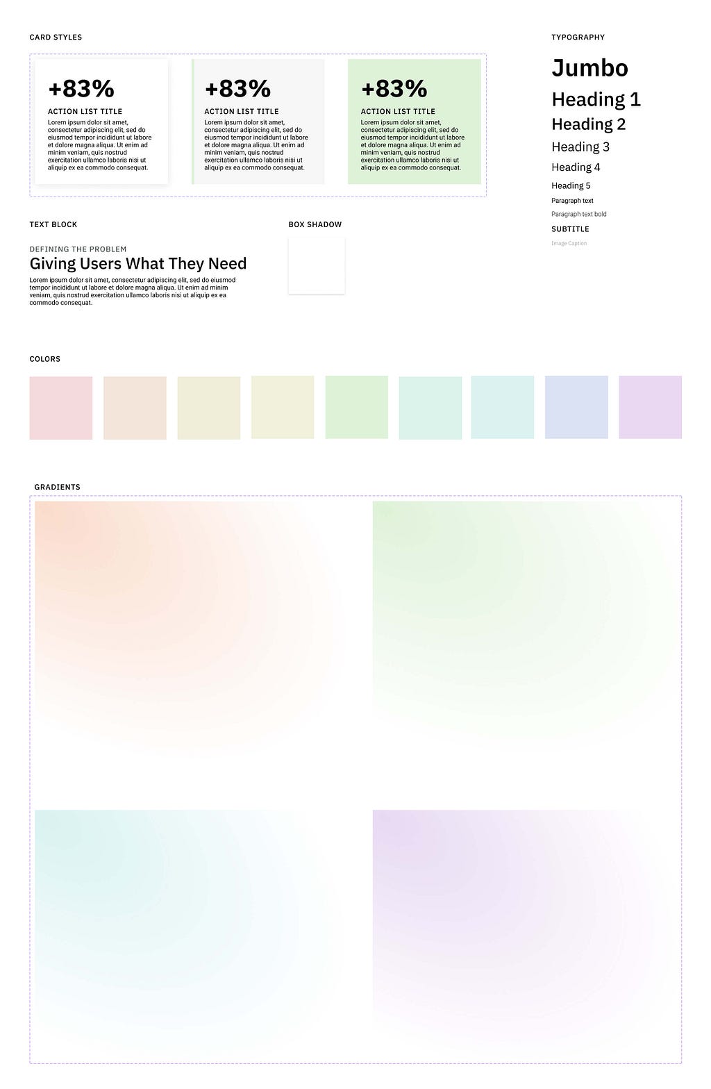 A visual style guide for the presentation templates, including colors, typography and card styles
