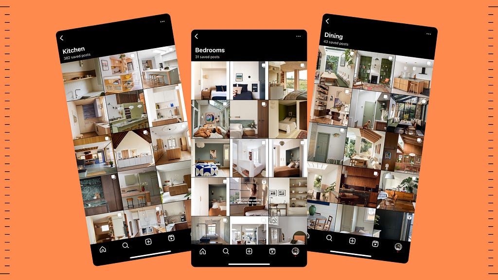 Three Instagram collection screenshots featuring images of kitchens, bedrooms, and dining.