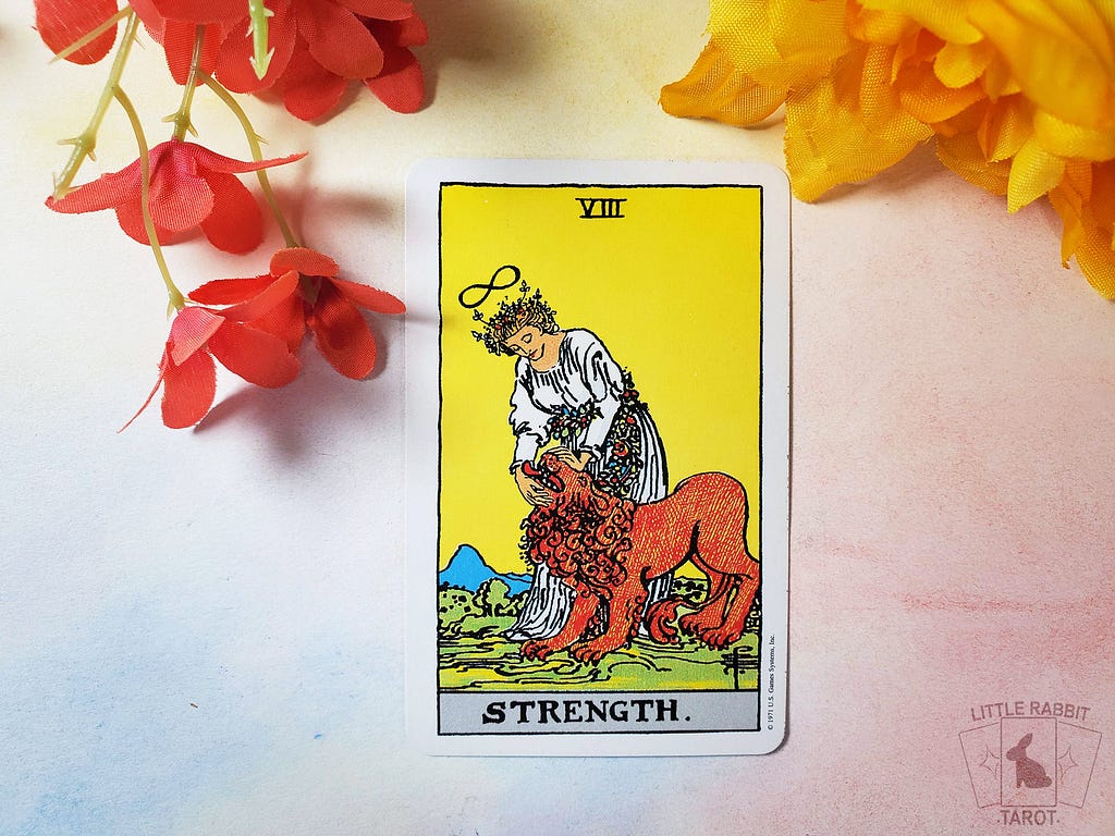A photo of the Strength card from the Rider Waite Smith Pocket Edition tarot deck.