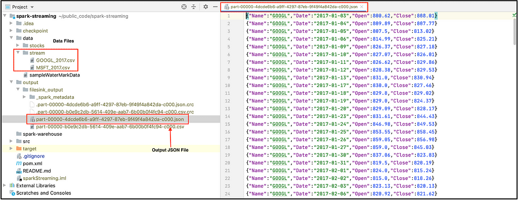 On left window, we can see output JSON file and data files. On right window we can see content of JSON file.