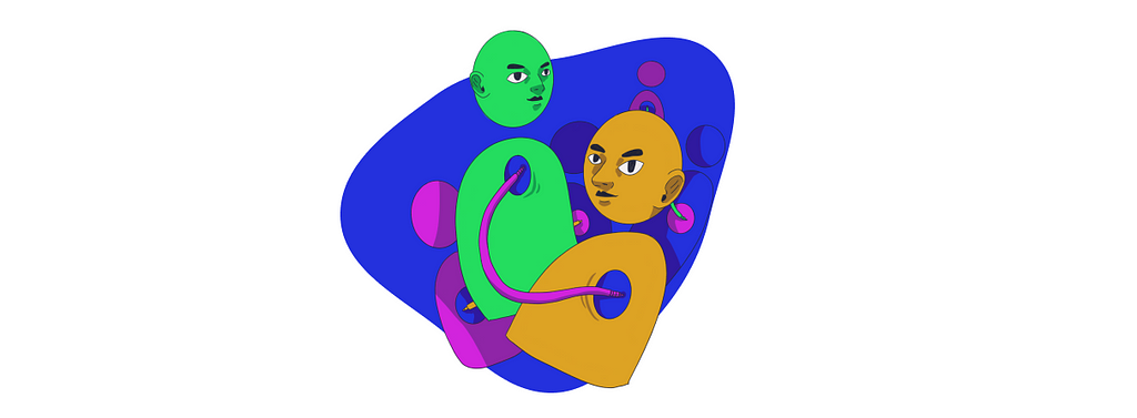 Two users — one green and one yellow — being connected by a pink wire that connects their chests. In the background, there are two sets of other connected users.