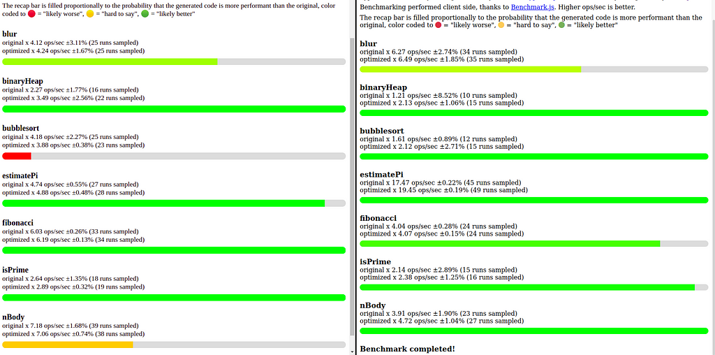 Screenshot of benchmark results