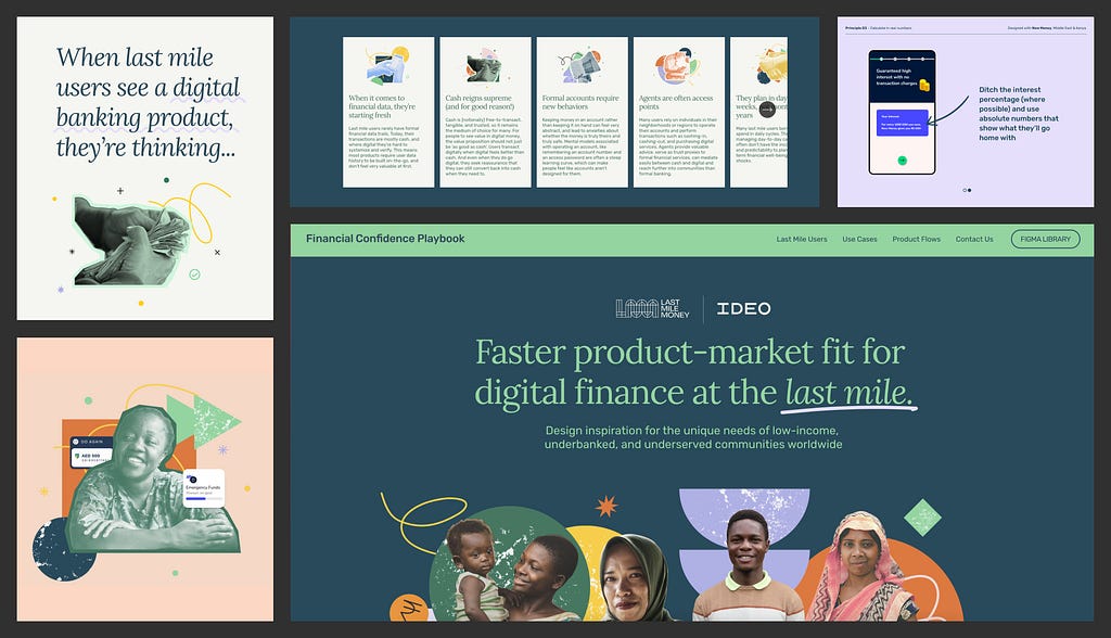 A collage of screens from the Financial Confidence Playbook website, featuring the landing page with headline “Faster product-market fit for digital finance at the last mile” surrounded by photo collages featuring last mile users and UX details.