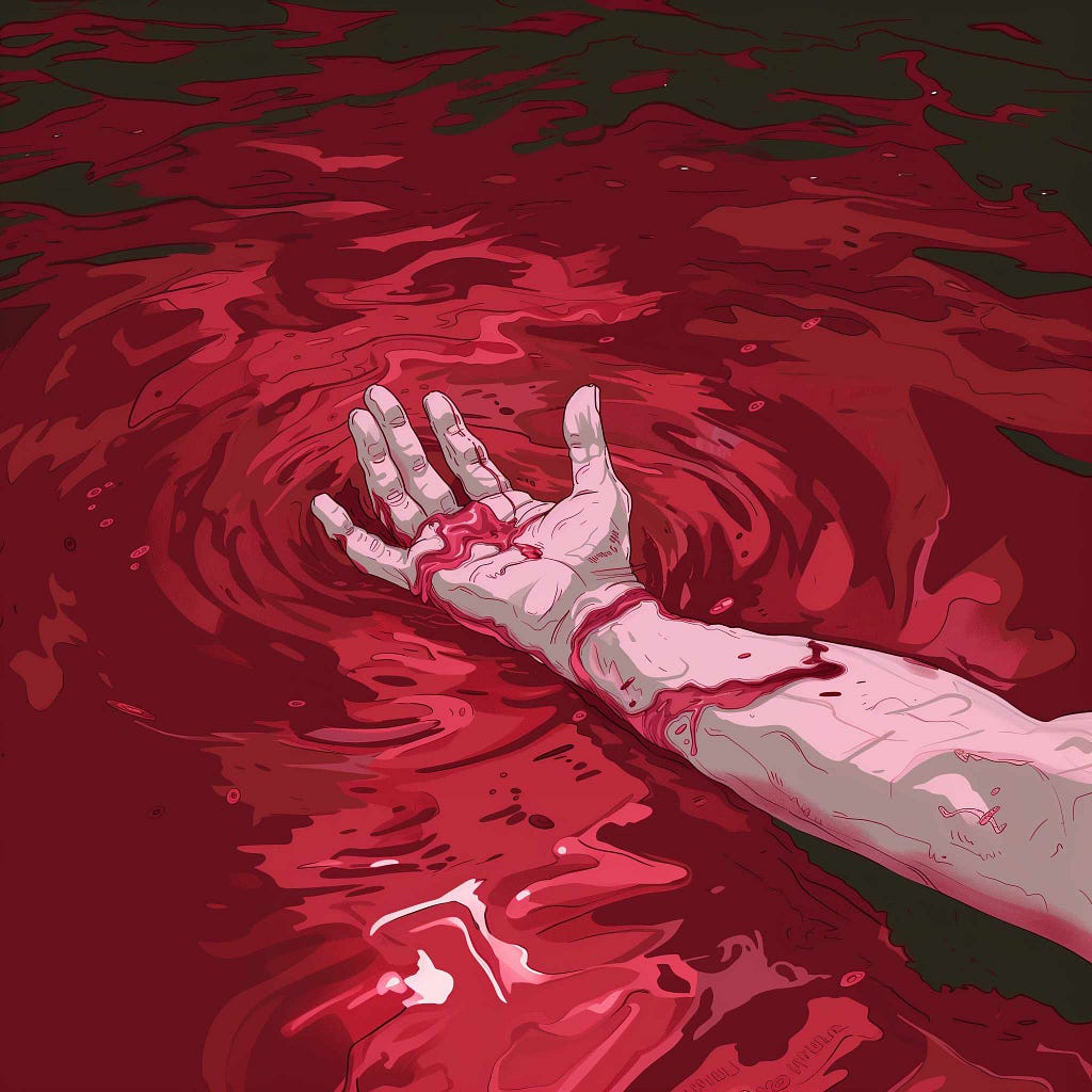 A pale limp hand lays in a pool of blood