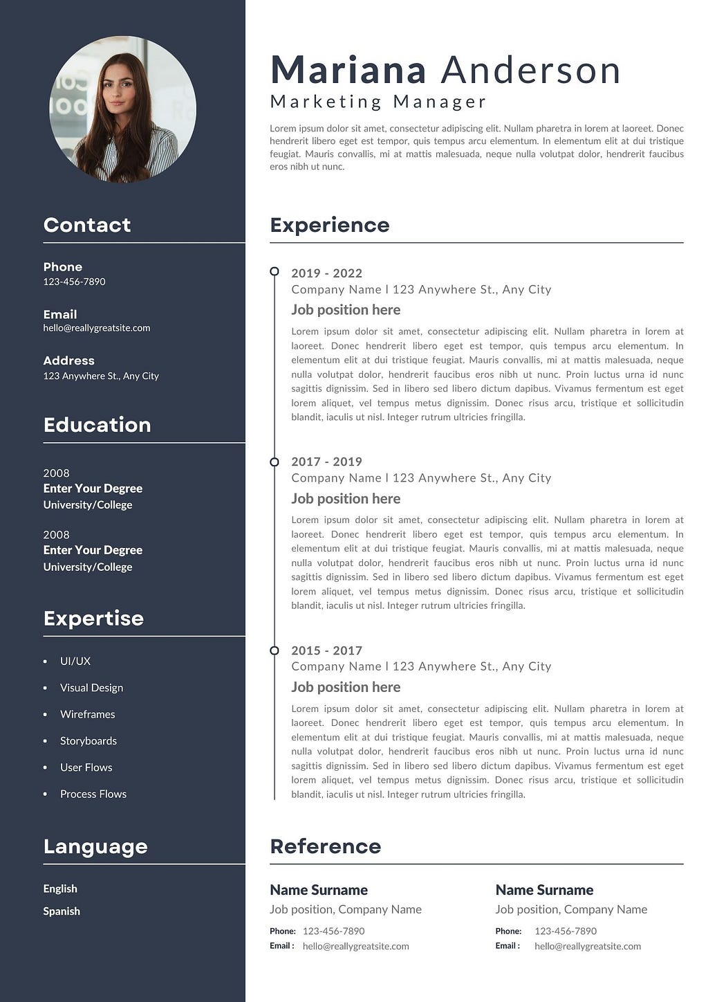 Alt Text: A CV template from Canva with a neutral, navy and off-white colour palette. It has space for you to add a professional photo and currently has an example photo of a woman with a neutral expression, she has brown hair and a black and white pinstripe shirt on; her name in the example is “Mariana Anderson” and she is a “Marketing Manager”. It has plenty of space for copy so you could write at length about your work experience and skills. The example copy is in ‘Lorem Ipsum’ latin.